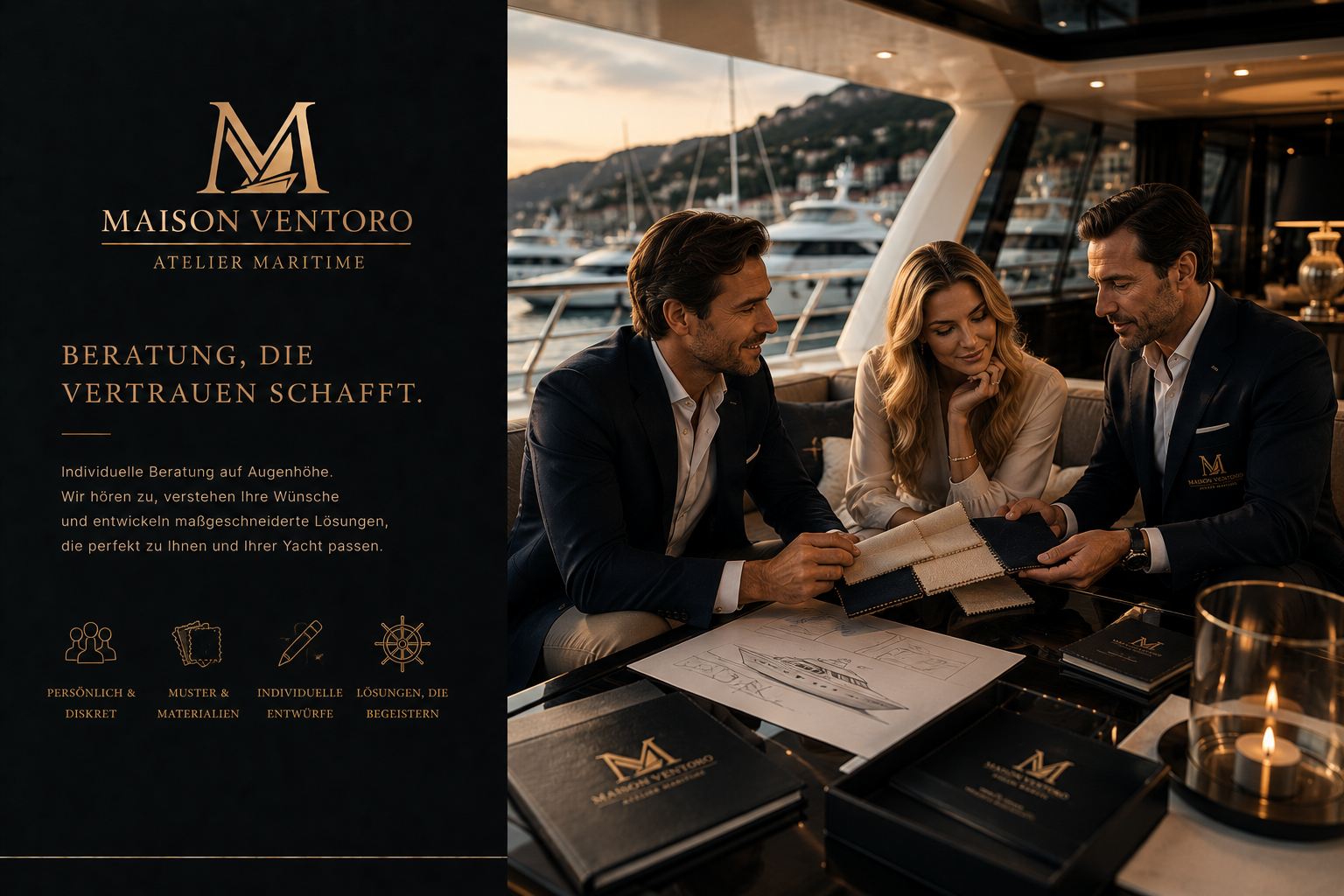 Beratungsszene mit Materialmustern auf einer Yacht