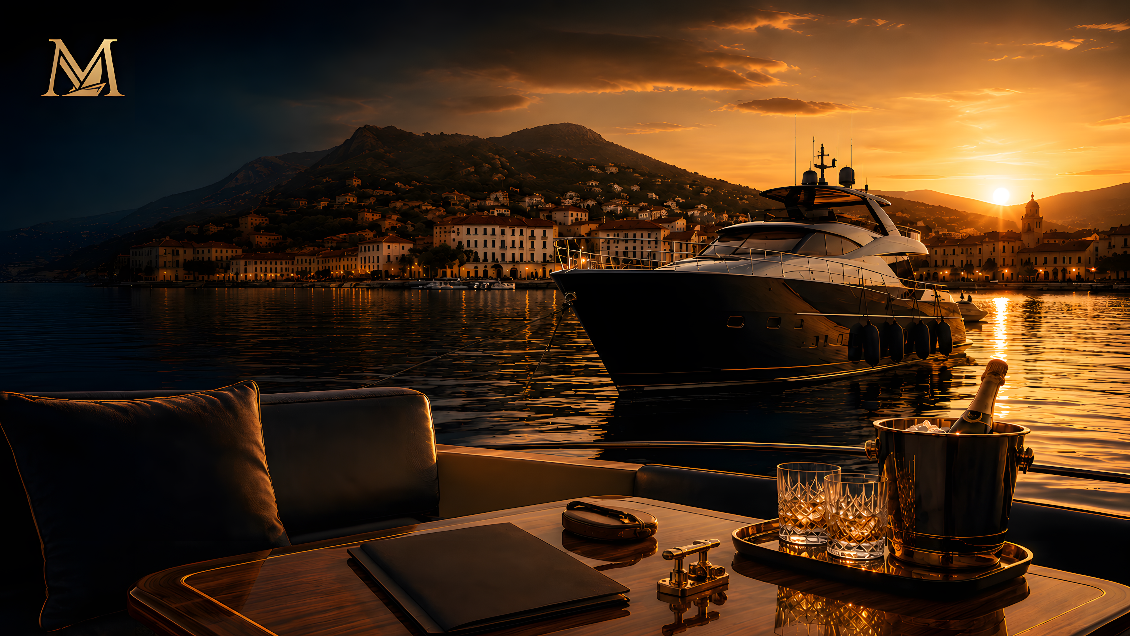 Luxusyacht in einer mediterranen Marina bei Sonnenuntergang
