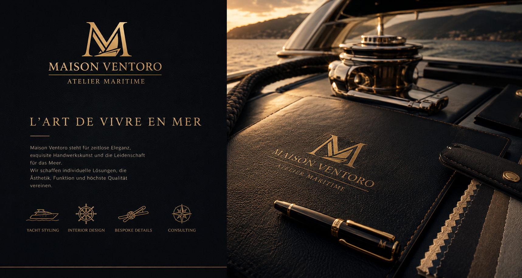 Yachtdeck mit Leder, Schreibmappe und Maison-Ventoro-Details